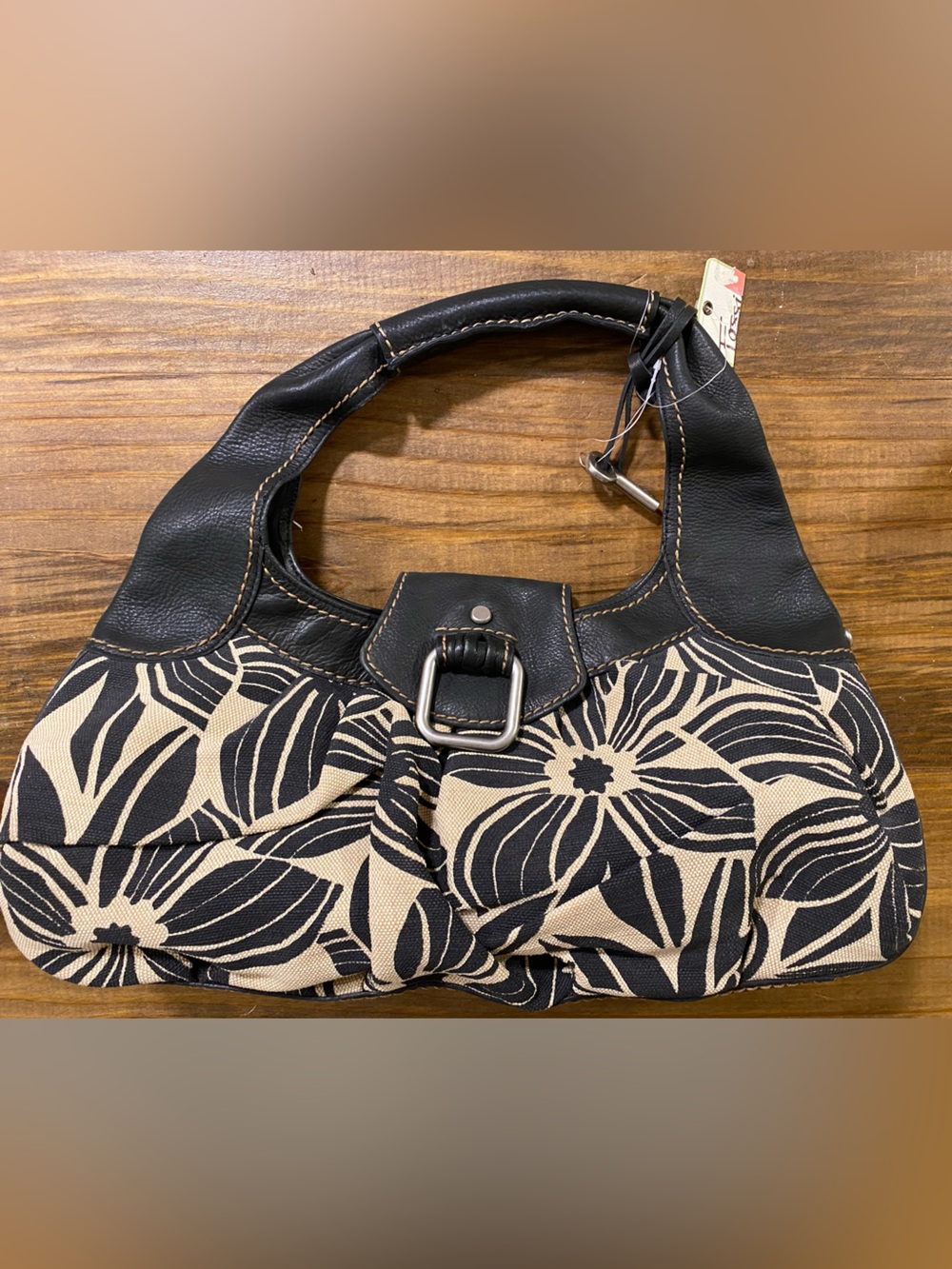 Vintage Fossil Black Floral Canvas and Leather Hobo Shoulder Bag